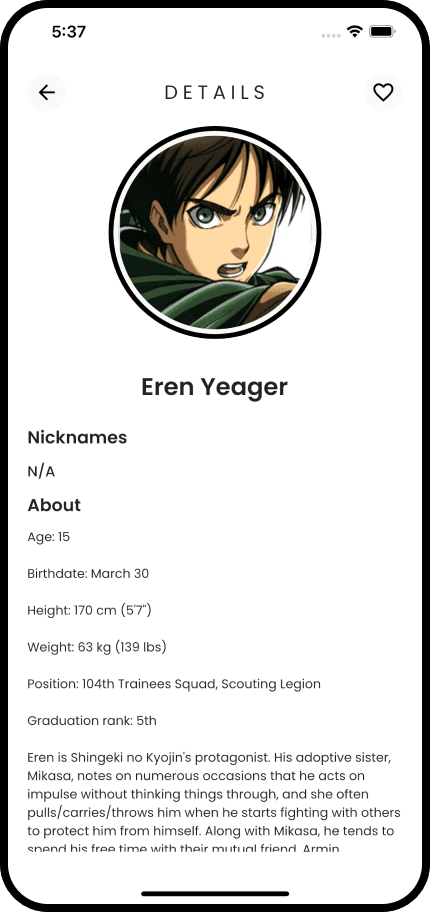 Animeze character detail screen snapshot