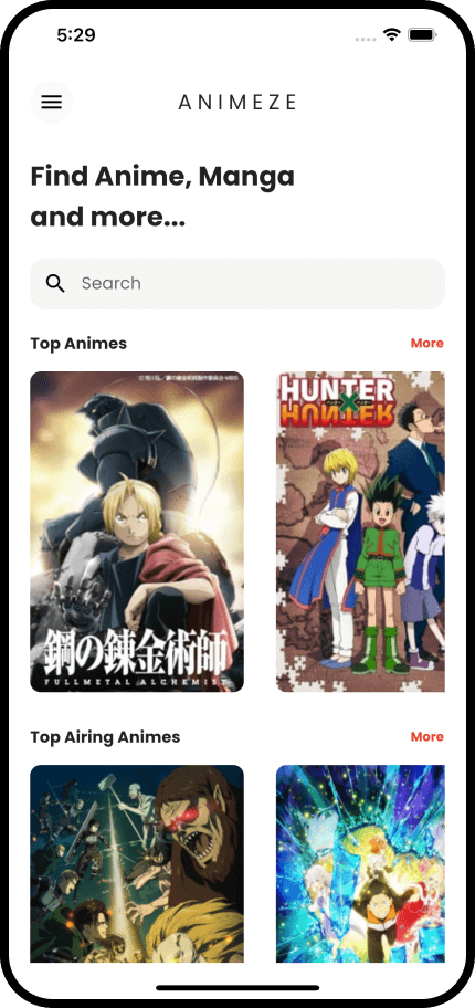 Animeze home screen snapshot